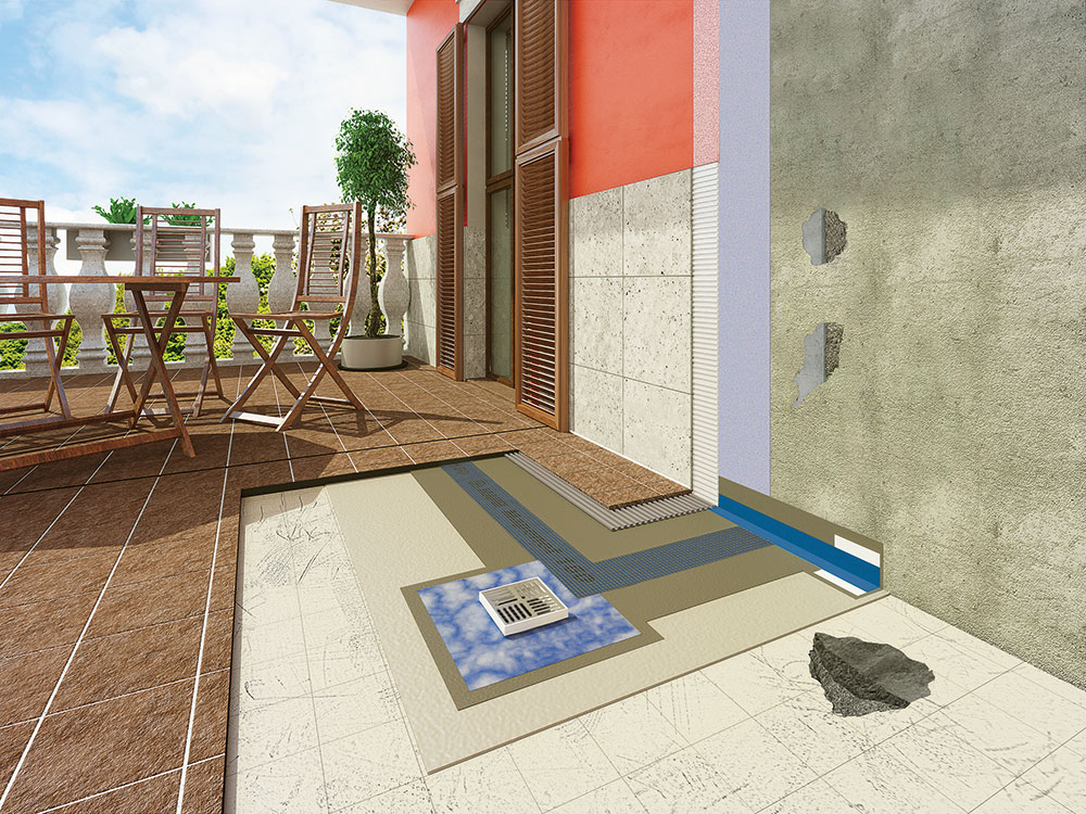 Na zabezpečenie vodotesnej ochrany terasy alebo balkóna pred poveternostnými vplyvmi sú vhodné napr. dvojzložkové hydroizolácie na cementovej báze. Dostupné sú dokonca hydroizolačné cementové malty (napr. Mapelastic Turbo), ktoré môžete použiť aj na pôvodnú dlažbu pred uložením novej.