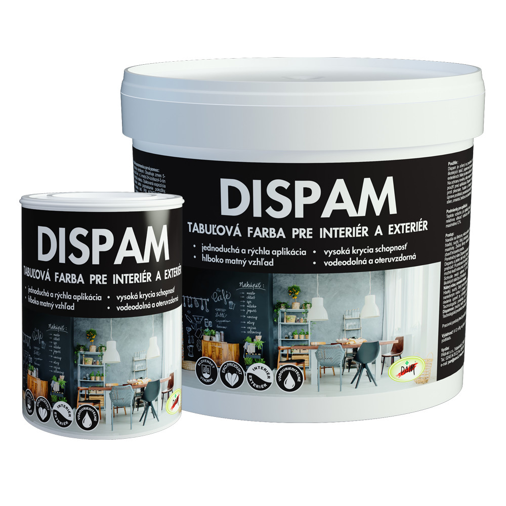 PAM Dispam tabuľová farba je určená na povrchovú úpravu sololitu, školských tabúľ, lepenky, dreva v interiéri a exteriéri. Náter je odolný proti oteru, vode a dobre sa umýva.