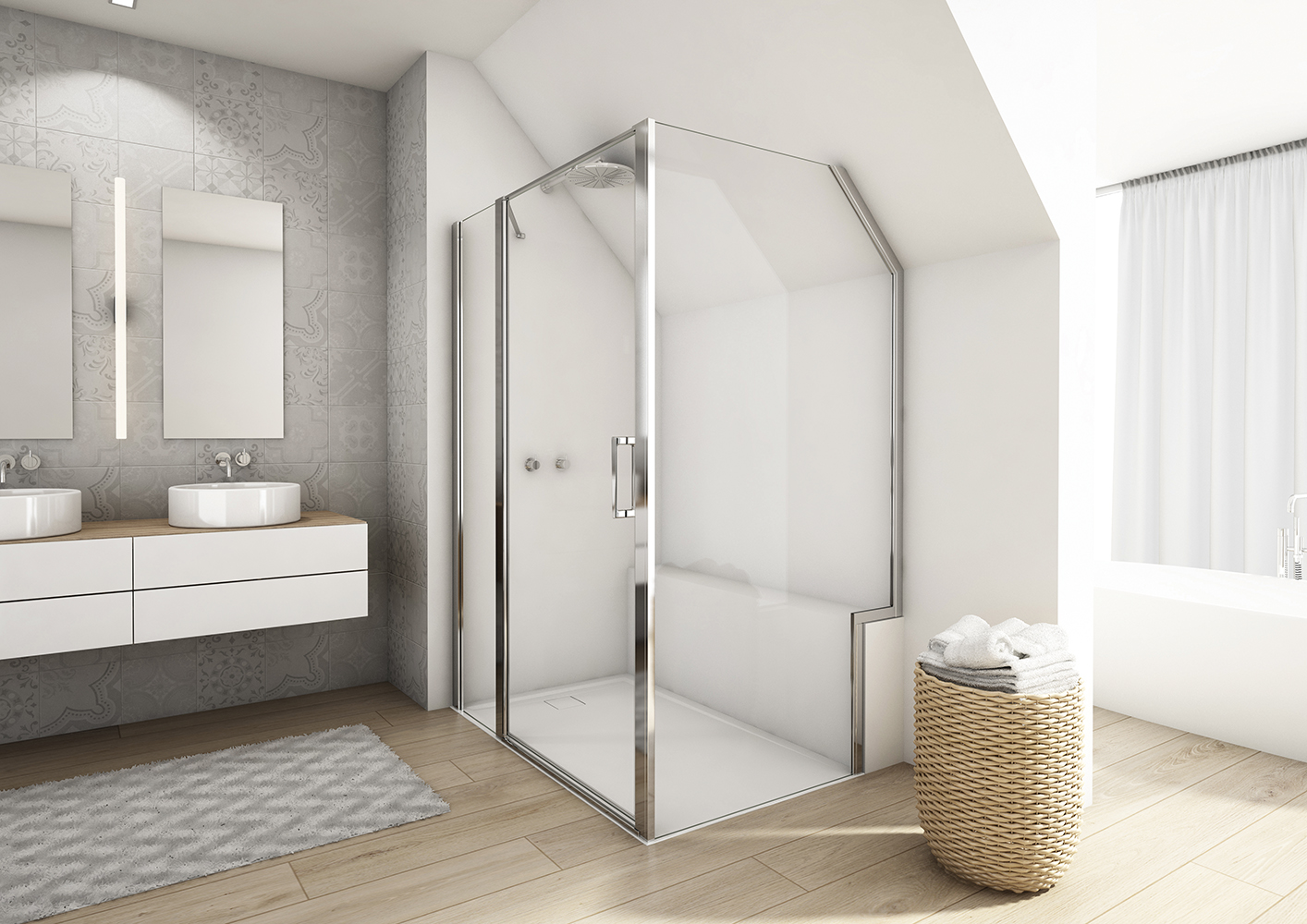 Moderná svetlá kúpeľňa so sprchovacím kútom