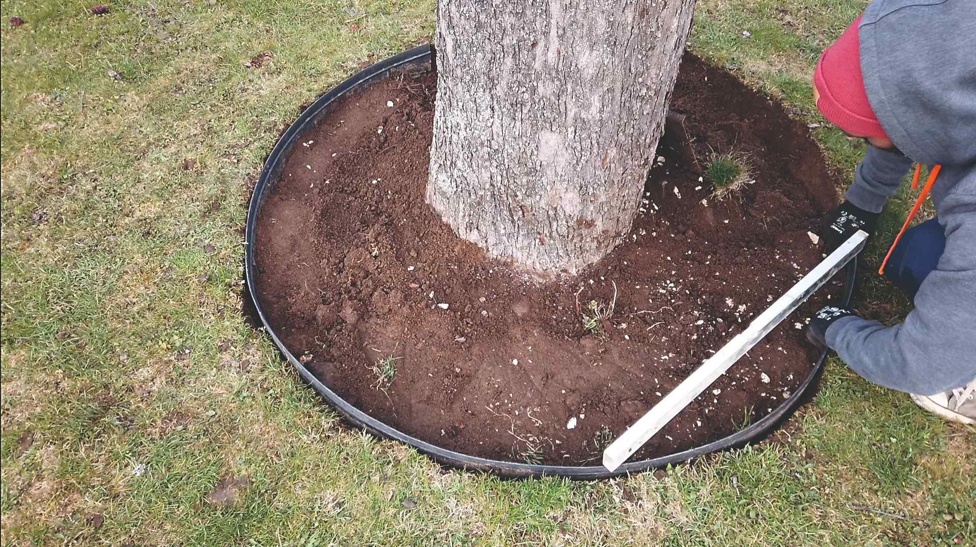 Podľa vyznačenej kružnice odkopte zeminu do hĺbky 100 mm. Po obvode vložte trávnikový lem, ktorého výšku kontrolujte vodováhou.