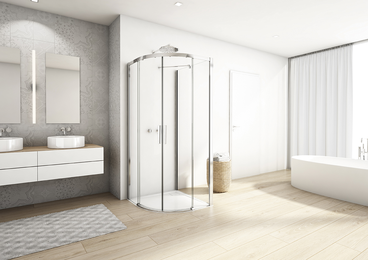 Sprchovací kút DIVERA – U montáž, aluchróm, číre sklo l štvrťkruh s dvojdielnymi posuvnými dverami, bočná stena. 