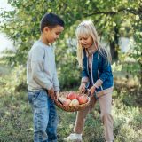 Deti v záhrade s jablkami