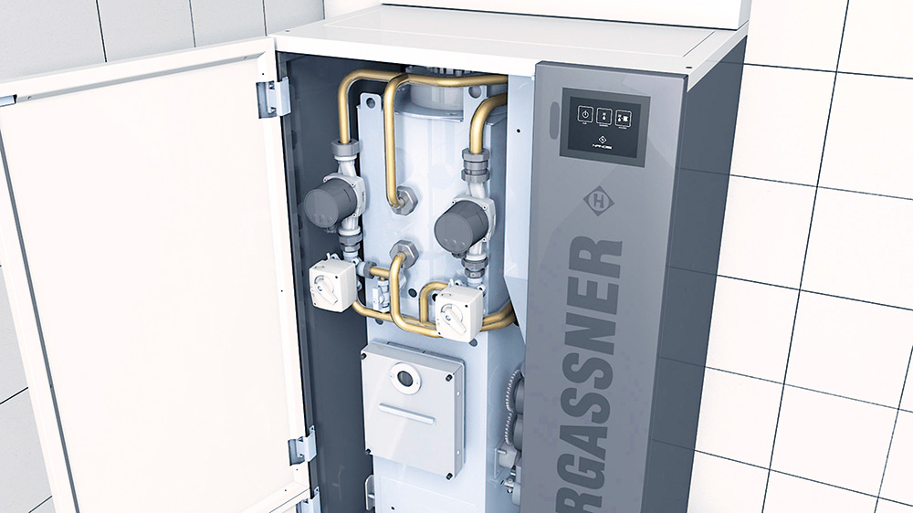 Integrovaný hydraulický modul: Obehové čerpadlá vykurovacieho okruhu/bojleru a zásobníka ako aj všetky potrubné rozvody sú ľahko prístupné a pripravené v kotle na pripojenie.