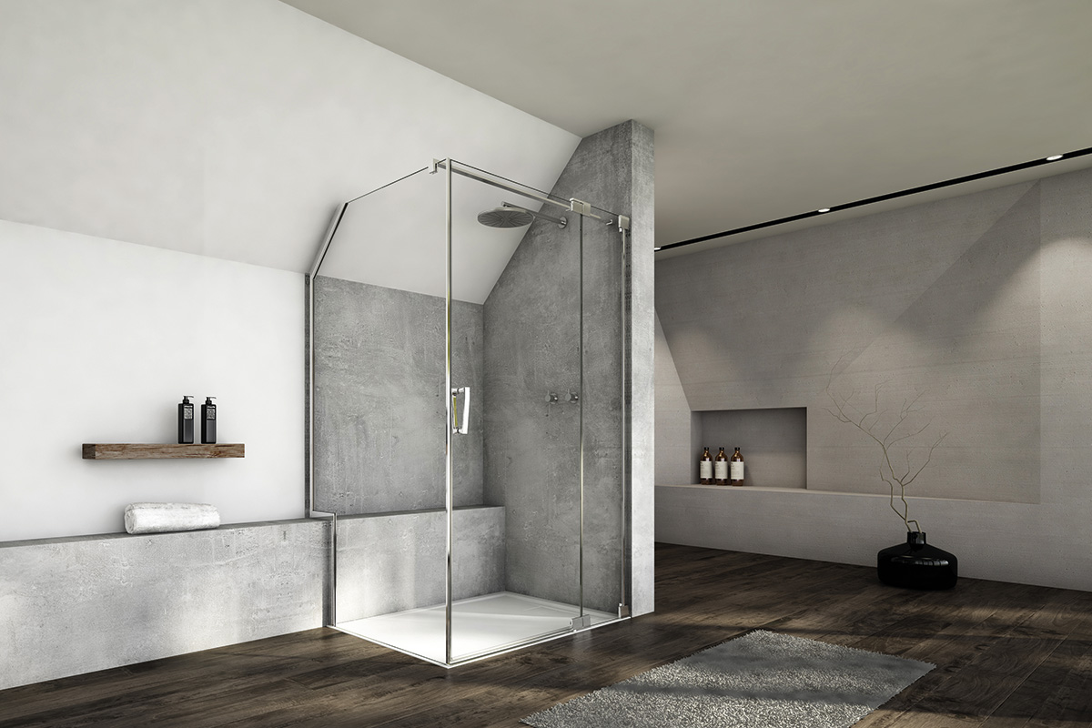 Sprchovací kút CADURA, aluchróm, číre sklo Jednokrídlové dvere s pevnou stenou v rovine as bočnou stenou s výrezom a so skosením