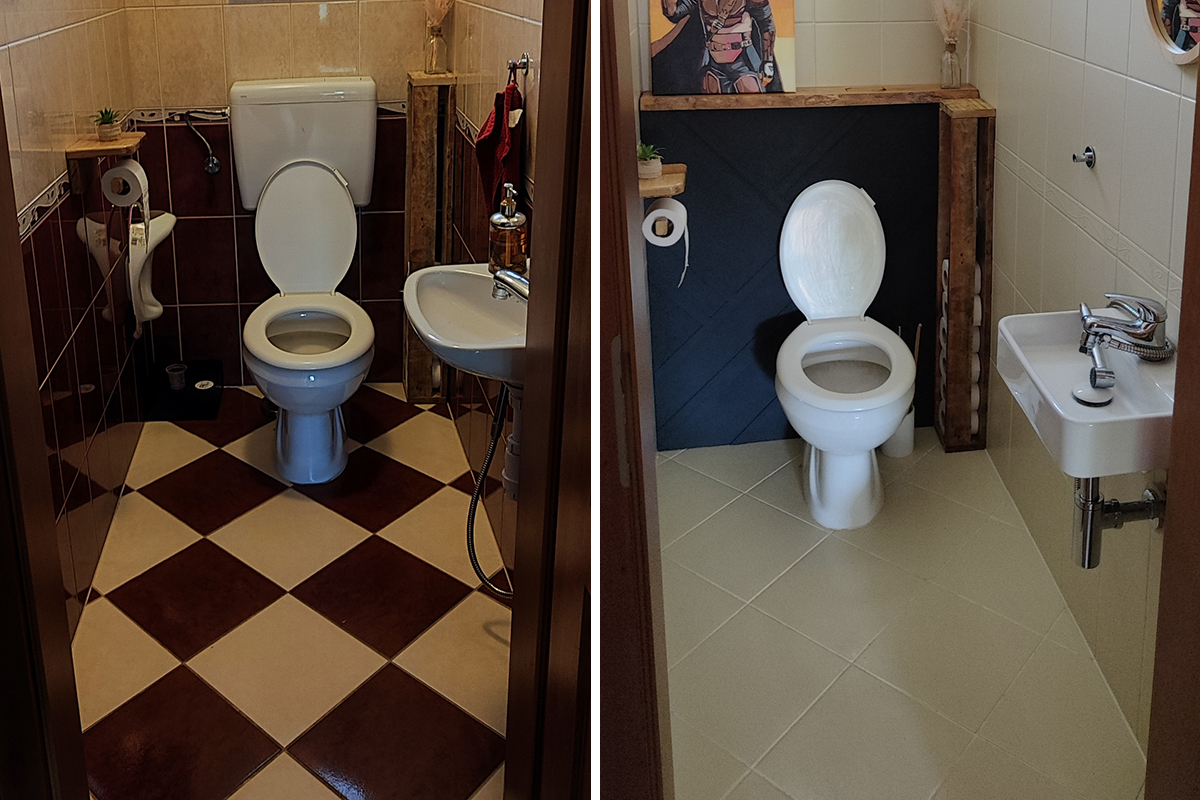 Premena WC premaľovaním obkladačiek a inštalovaním novej zásteny 