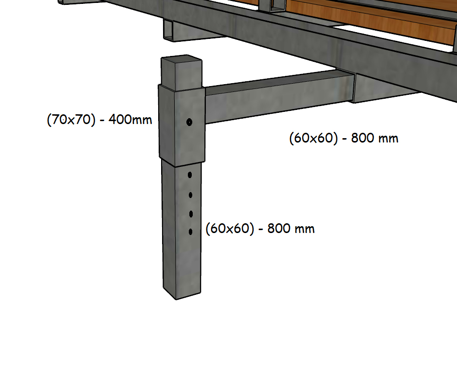 Nohy konštrukcie (4 ks) si vyrobíme z jakla 60 x 60 mm a jakla 70 x 70 mm. Na jednu nohu budeme potrebovať jakel 60 x 60 mm s dĺžkou 800 mm – 2 ks a jakel 70 x 70 mm s dĺžkou 400 mm.