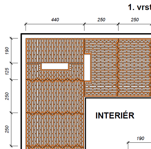 Založenie rohu pri hrúbke muriva 440 mm