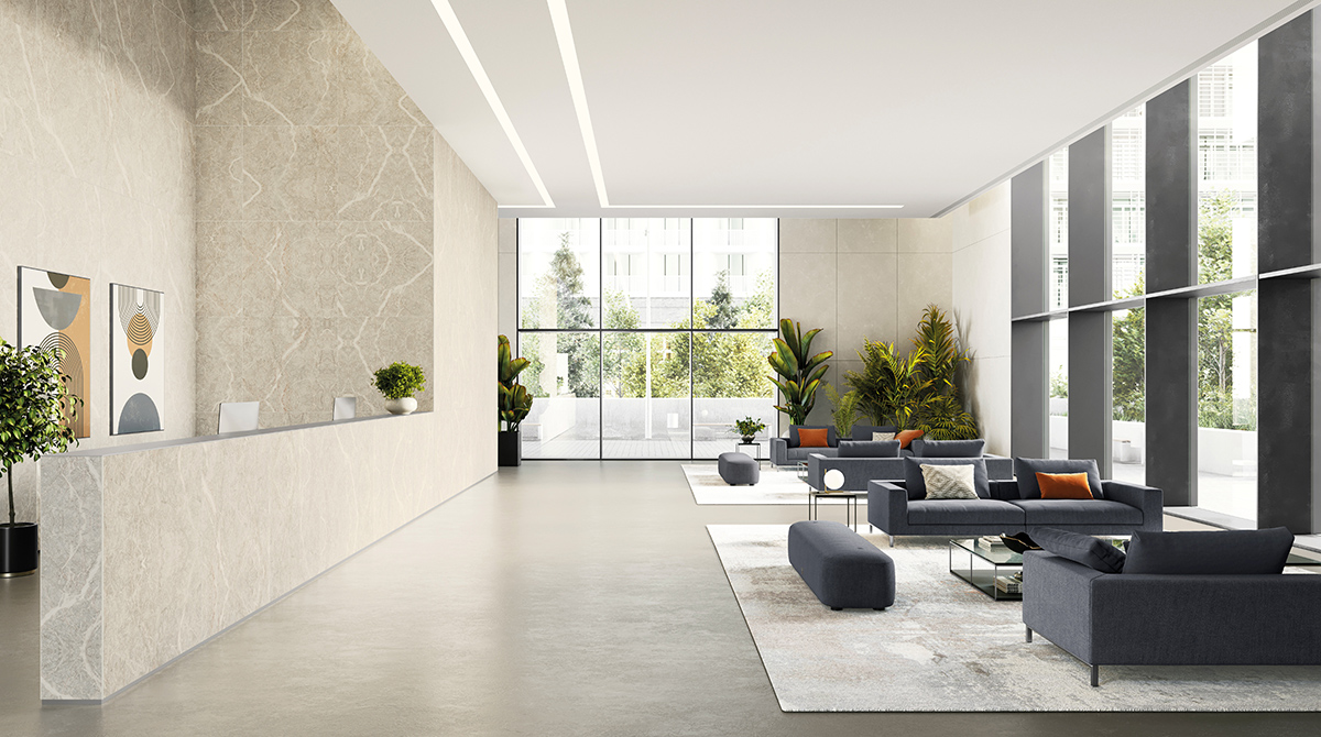 Veľkoformátová dlažba v modernej obývačke