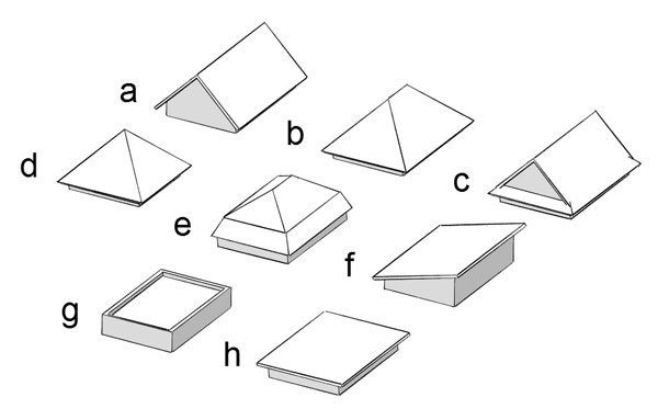 Tvary striech a) sedlová, b) valbová, c) polvalbová, d) stanová, e) manzardová, f) pultová, g) plochá strecha s atikou, h) plochá strecha s vyloženou strešnou doskou